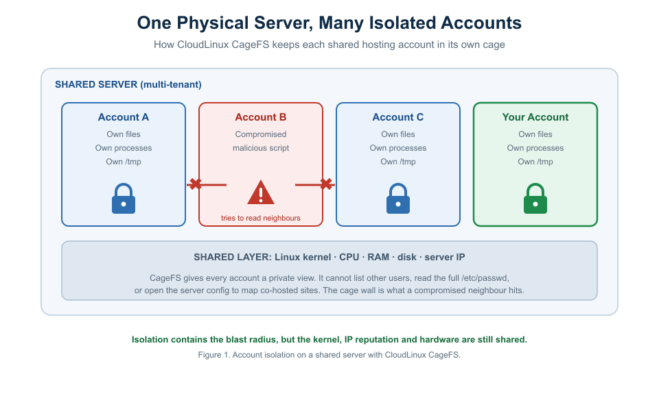 Diagram of one shared server holding four isolated accounts, with a compromised account blocked by CloudLinux CageFS from reading its neighbours, above a shared kernel, CPU, RAM, disk and IP layer.