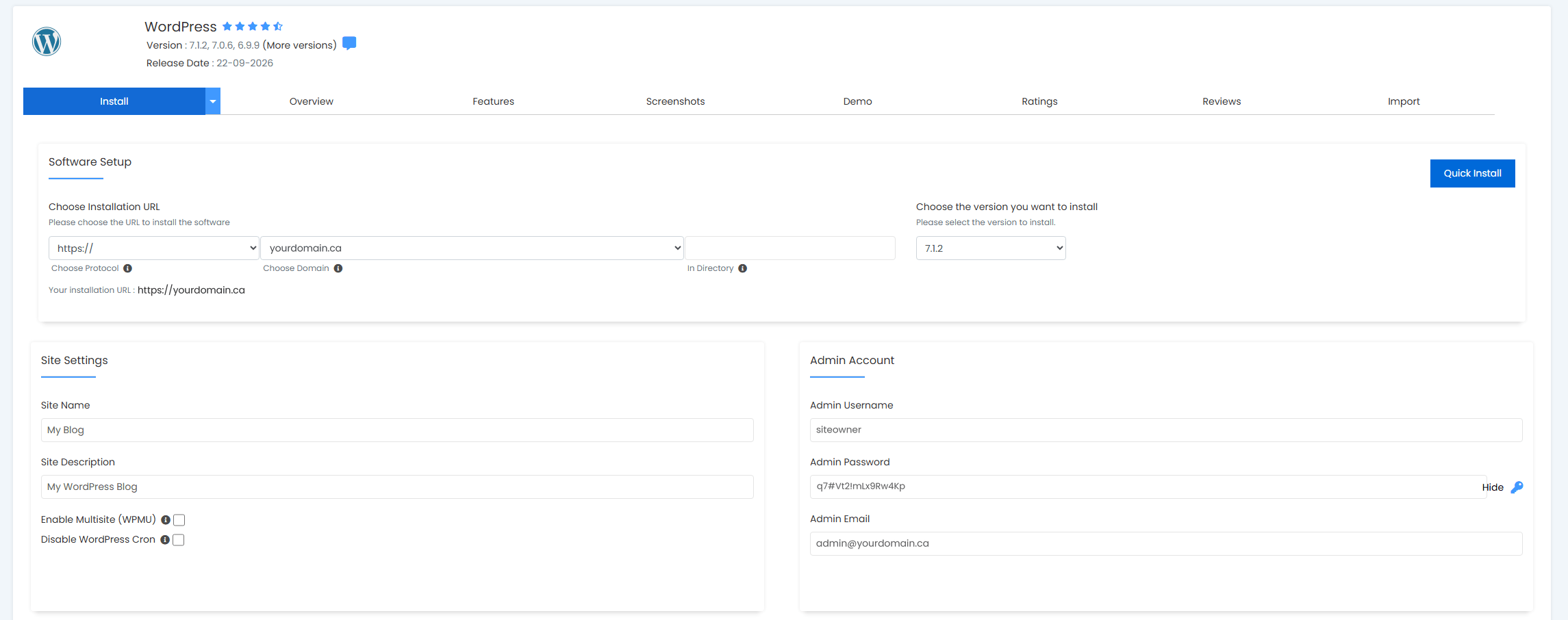 The WordPress install form in Softaculous inside N6 Cloud's cPanel, with domain, site settings and admin account fields