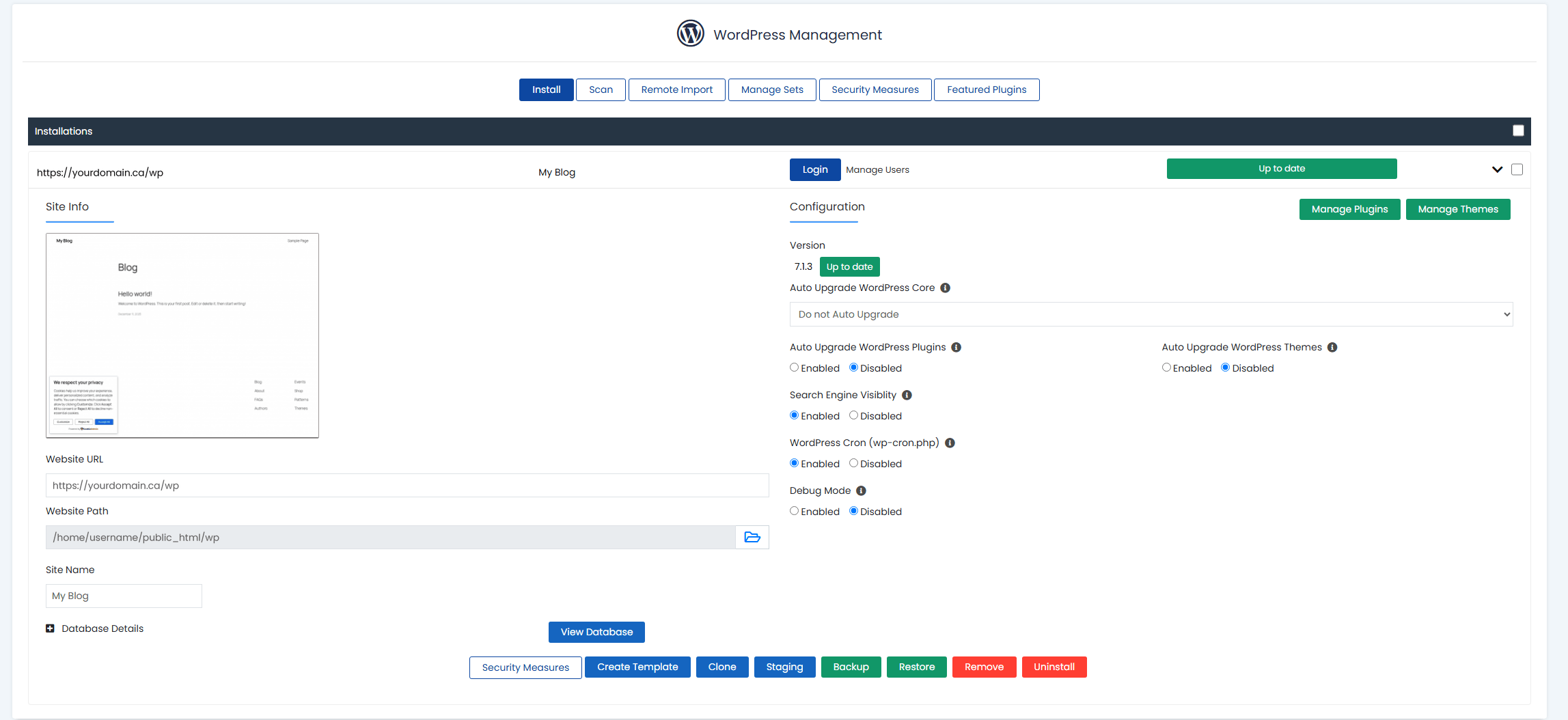 WordPress Manager by Softaculous in N6 Cloud's cPanel showing version status, update settings and staging, clone and backup buttons